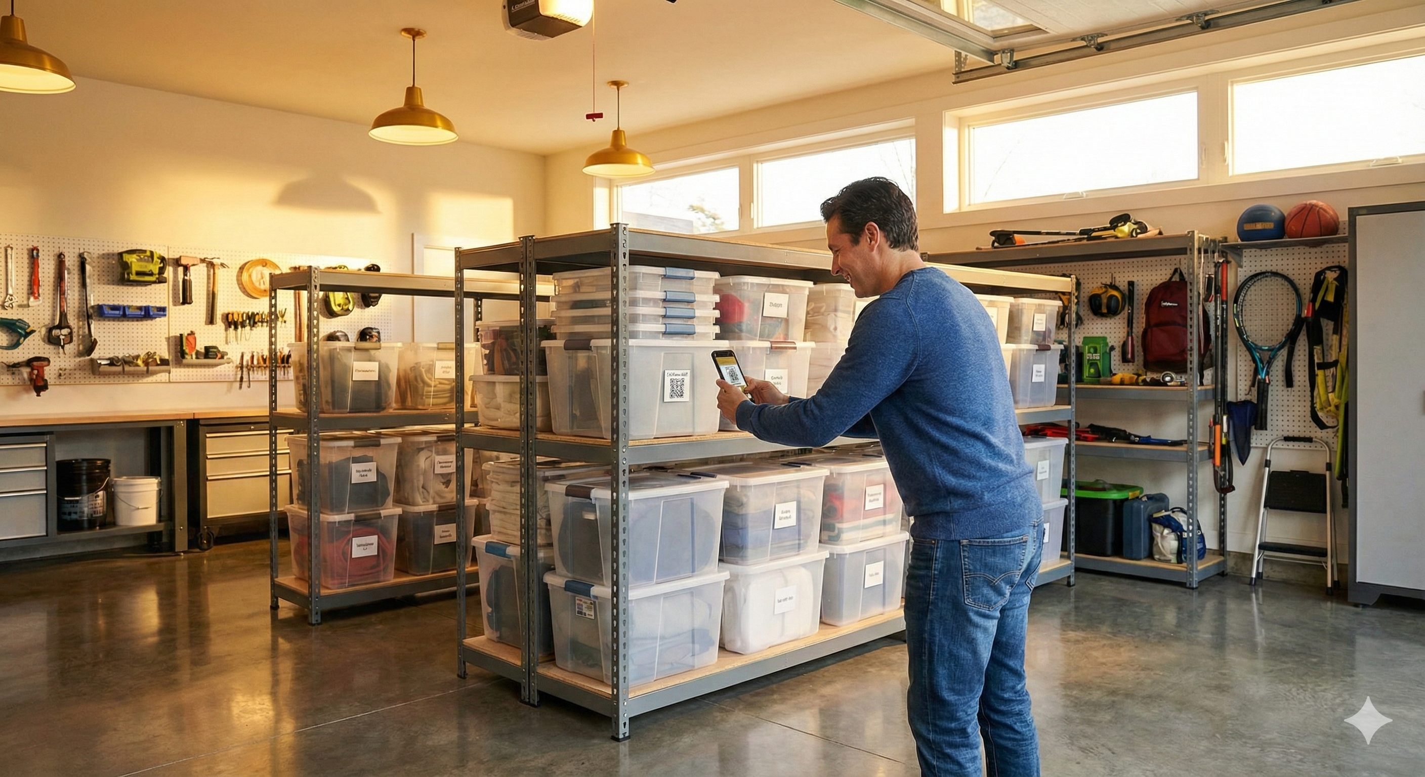 Tidy garage with organized bins
